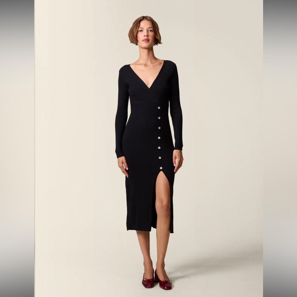 Rouje Paris Mila Midi Dress Black Eyelet Ribbed sweater faux wrap v neck button
